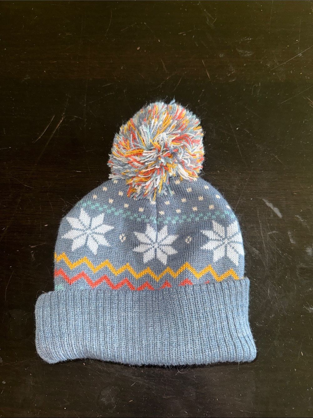 Kids Blue Pom-Pom Winter Beanie with Snowflake Pattern